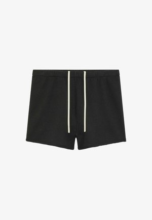 Shorts noirs décontractés avec une taille élastique et deux longs cordons blancs centrés à l'avant.