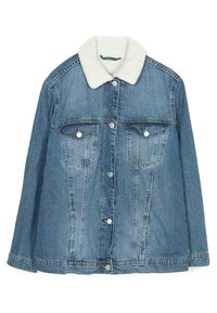 Jeansowa kurtka, jasnoniebieska, z białym kołnierzem z owczej wełny. Posiada dwie kieszenie na piersi, zapięcie na guziki z przodu oraz długie rękawy.