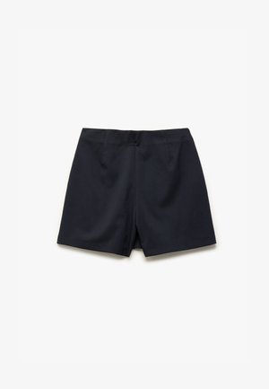 Navy blue shorts made of smooth fabric, featuring a tailored design, flat front, and short hem. No visible patterns or accents.