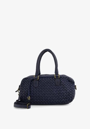 Woven navy leather handbag with dual short handles, detachable shoulder strap, and gold-tone hardware accents. Smooth texture and structured shape.
