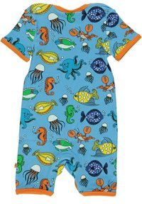 Blauwe short-sleeve romper met kleurrijke onderwater-thema patronen van zeewezens zoals inktvissen, vissen en krabben met oranje afwerking.