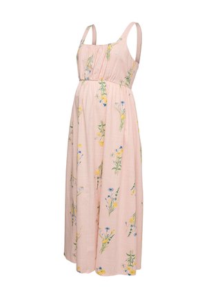 Robe maxi rose clair sans manches avec imprimé floral, encolure carrée et taille empire froncée.