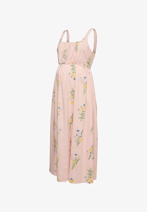 Robe maxi rose clair sans manches avec imprimé floral, encolure carrée et taille empire froncée.
