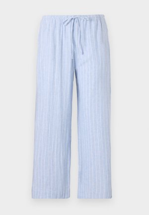 Svetlomodré pyžamové nohavice s bielymi vertikálnymi pruhmi, vyrobené z mäkkej tkaniny, s elastickým pásom a nastaviteľnou šnúrkou.