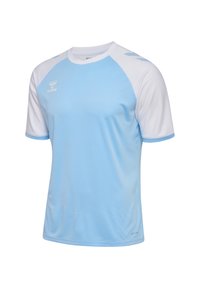 Lyseblå sportstrøje med hvide raglanærmer, glat tekstur, rund hals og Hummel-logo på brystet. Designet til aktivt brug.