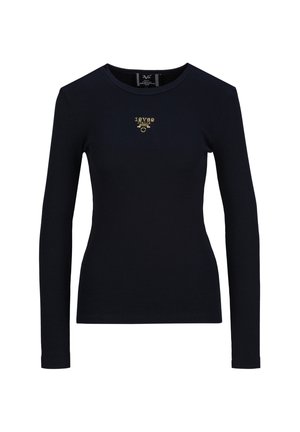 Zwart aansluitend shirt met lange mouwen en een ronde halslijn, met een kleine gouden logotekst "19V69 Italia" op de borst.