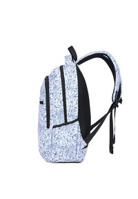 Zaino con un motivo marmorizzato bianco e blu, dotato di due tasche anteriori con cerniera, spallacci neri imbottiti e pannello posteriore in rete.