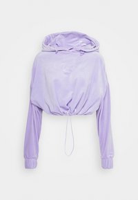 Hoodie accorciato in lavanda chiaro, realizzato in morbido velluto. Presenta un orlo con cordoncino, maniche lunghe con polsini elasticizzati e dettaglio del logo ricamato.