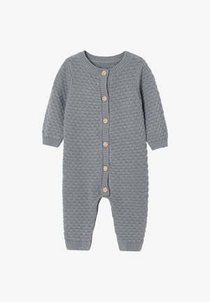 Grauer gestrickter Babypullover mit langen Ärmeln und Holzknöpfen auf der Vorderseite sowie im Schrittbereich zur Befestigung.