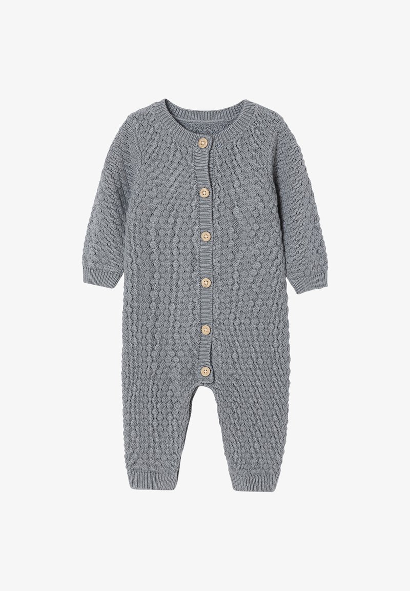 Grauer gestrickter Babypullover mit langen Ärmeln und Holzknöpfen auf der Vorderseite sowie im Schrittbereich zur Befestigung.