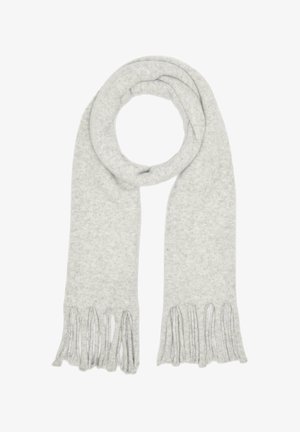 Écharpe en laine gris clair avec des bords à franges, présentant une texture douce et un design lisse et uniforme, idéale pour la chaleur et le confort.