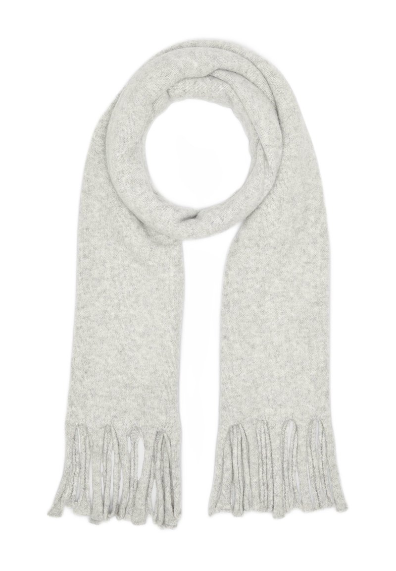 Écharpe en laine gris clair avec des bords à franges, présentant une texture douce et un design lisse et uniforme, idéale pour la chaleur et le confort.