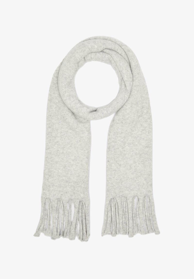 Écharpe en laine gris clair avec des bords à franges, présentant une texture douce et un design lisse et uniforme, idéale pour la chaleur et le confort.