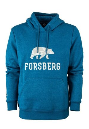 Sweat à capuche bleu avec poche avant, capuche à cordon, motif géométrique d'ours blanc et inscription "FORSSBERG" sur la poitrine.