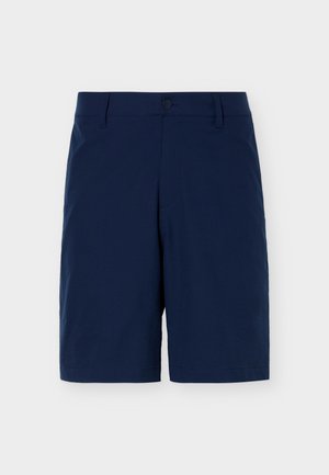 Donkerblauwe knie-lange korte broek met riemlussen, knoopsluiting en een glad, effen stoffen ontwerp.