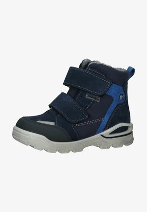 Marineblauwe high-top laarzen met twee klittenbandsluitingen, rubberen zool, gevoerd kraag en een gestructureerde afwerking voor extra grip en duurzaamheid.