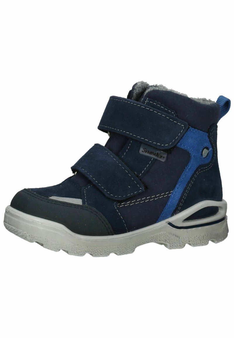 Marineblauwe high-top laarzen met twee klittenbandsluitingen, rubberen zool, gevoerd kraag en een gestructureerde afwerking voor extra grip en duurzaamheid.
