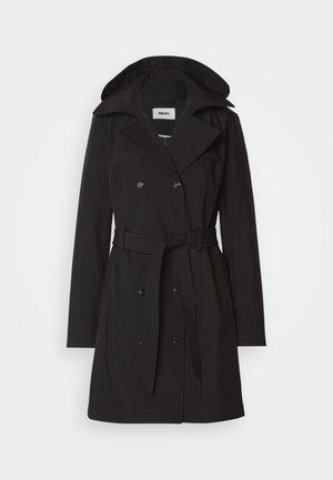 Caban negru cu un design cu două rânduri de nasturi, guler mare, curea ajustabilă și glugă. Confectionat dintr-un material neted și elegant.