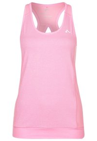 Różowy sportowy top na ramiączkach typu racerback. Wykonany z oddychającej tkaniny, charakteryzuje się gładką fakturą i minimalną ilością szwów.