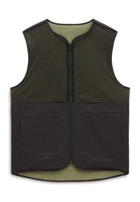 Gilet nero con sezione superiore in rete e sezione inferiore in tessuto solido, dotato di una cerniera frontale full zip e due tasche frontali. Interno testurizzato.