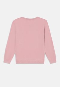 Pink, long-sleeve sweater with a round neck and ribbed hem. Soft texture with a simple design, no visible patterns or hardware.