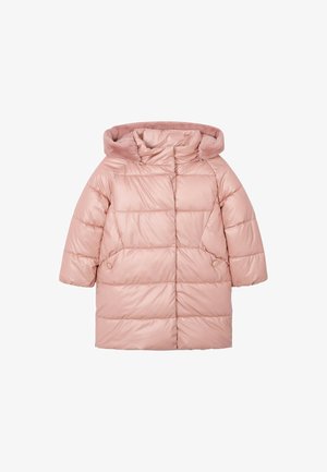 Abrigo de invierno acolchado para niños en color rosa claro, con capucha forrada de suave piel sintética, bolsillos frontales y costuras acolchadas.