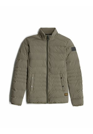 Gevoerde jas in olijfgroen, met een hoge kraag, een ritssluiting aan de voorkant, drukknoopjes en zijzakken met een gestructureerde afwerking.