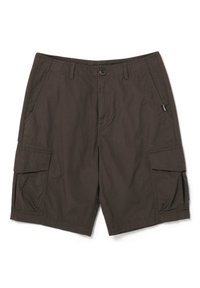 Brune bomulds cargo-shorts med to sidelommer, knaplukning og et lille logo-tag foran. Enkel design og lige pasform.