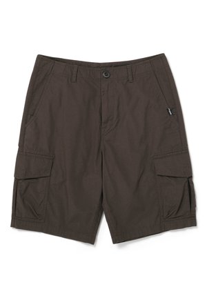 Bruine katoenen cargoshorts met twee zijzakken, knoopsluiting en een klein logotag aan de voorkant. Eenvoudig ontwerp en rechte snit.