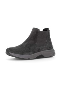 Bottines en suede noir avec panneaux élastiques en maille, bout rond, semelle rembourrée et semelle extérieure en caoutchouc texturé pour une traction.