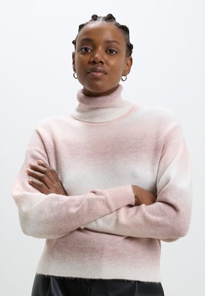Maglione rosa chiaro con collo alto e un effetto ombre che sfuma verso il bianco. Tessuto morbido e polsini a coste, caratterizzato da un orlo aderente.