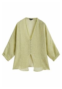 Lichtgroene, gestructureerde linnen blouse met een V-hals, zeven knopen aan de voorkant en driekwartmouwen. Rafelige randen langs de halslijn.