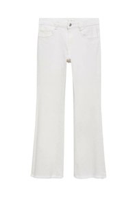 White flared jeans made of denim, featuring a five-pocket design, a front button and zipper closure, and raw hem detailing at the bottom.