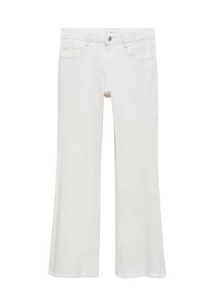 Witte uitlopende jeans van denim, met een vijf-pocket ontwerp, een sluiting met knoop en rits aan de voorkant, en rafelige zoomdetails aan de onderkant.