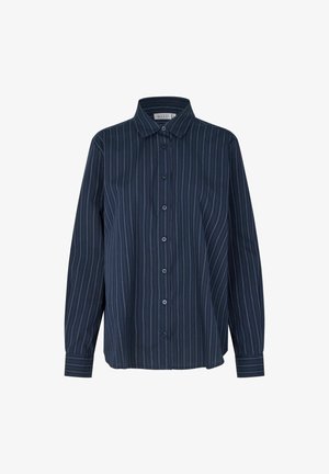 Camicia blu navy con bottoni e strisce verticali bianche. Presenta un colletto, maniche lunghe e dettagli con bottoni. Texture del tessuto morbida.