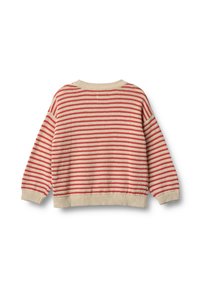 Maglione a righe con base beige e strisce rosse, scollo rotondo, spalle scese e polsini e orlo a costine. Morbido tessuto a maglia.