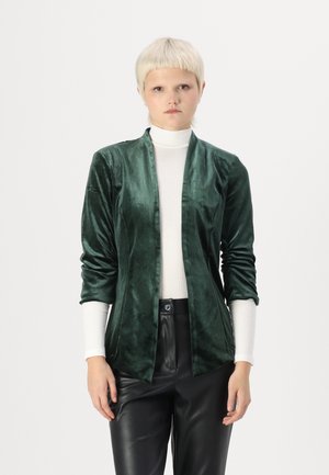 Dark green, velvet blazer with a shawl collar and long sleeves, paired with a white turtleneck and black faux leather pants.