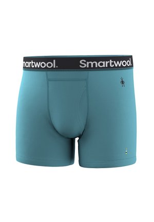 Men’s teal boxer briefs with black waistband featuring "Smartwool" logo and small robot icon on the front right side.