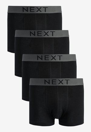 Boxers noirs avec une ceinture élastique grise arborant le nom de la marque "NEXT" en noir. Quatre paires empilées verticalement. Texture de tissu lisse.