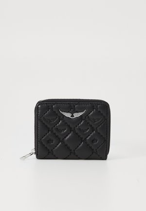 Black leather wallet with quilted design, silver wing accent, and zip closure. Textured surface features diamond-shaped stitching.