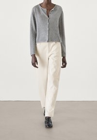 Cardigan grigio corto con chiusura a bottoni, abbinato a pantaloni a gamba larga color crema. Le calzature sono mocassini neri. Design minimalista con colori neutri.
