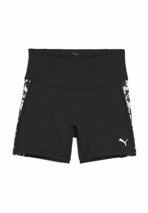 Zwarte sportshorts met een brede tailleband, voorzien van een gemêleerd zijpaneel in wit en grijs. De Puma-logo is in het wit weergegeven.