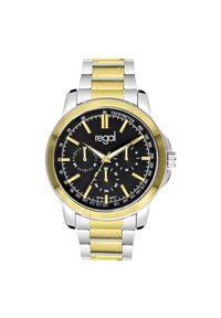 Silver and yellow stainless steel watch with a black dial, tachymeter, and three subdials. Features bold yellow hour markers and hands.