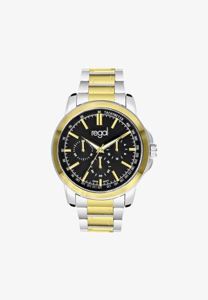 Zilveren en gele roestvrijstalen horloge met een zwarte wijzerplaat, tachymeter en drie subdialen. Heeft gedurfde gele uurmarkeringen en wijzers.