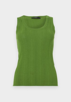 Zeleni rebrasti majica bez rukava s okruglim izrezom i širokim naramenicama. Izrađena od teksturirane pletene tkanine. Prilagođeni kroj naglašava siluetu.