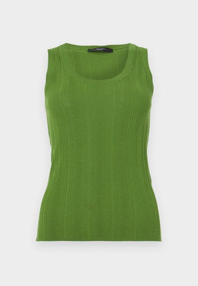Green ribbed tank top with a round neckline and wide straps. Made from a textured knit material. Fitted body shape enhances silhouette.