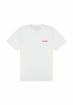White short-sleeve crew neck T-shirt with small red "Wrangler" logo on the left chest.