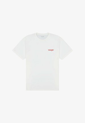White short-sleeve crew neck T-shirt with small red "Wrangler" logo on the left chest.