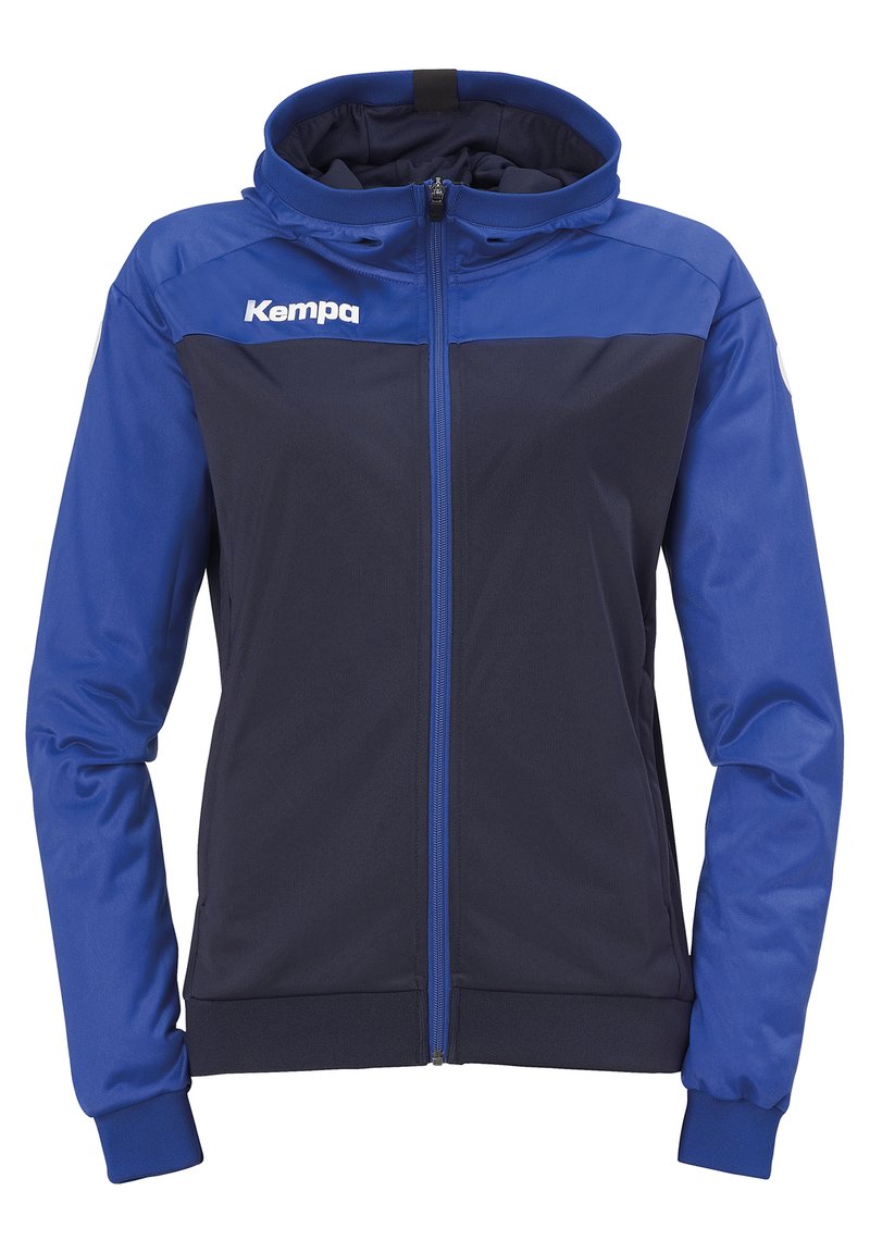 Blaue und marineblaue Zip-Jacke mit Kapuze. Mit elastischen Bündchen und Saum, Fronttaschen und einem Logo auf der linken Brust. Glatte Textur.