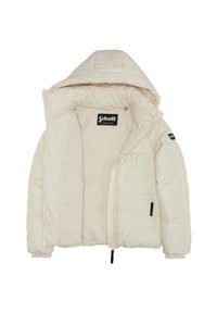 Cremefarvet dunjakke med aftagelig hætte, lynlås foran og blød foret inderside. Har et logoetiket og sidelommer med lynlås.